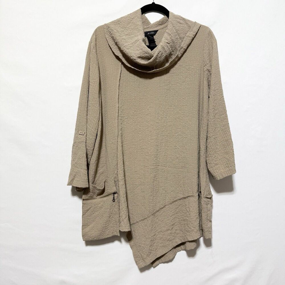 Ali Miles Women’s L Beige Cowl Neck Tunic Top Asymmetrical Hem Textured Artsy
